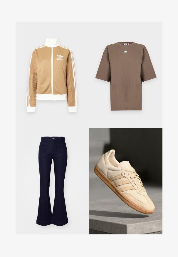 Jachetă zip-up de culoare bej cu accente albe și trei dungi albe pe mâneci. Prezintă un design țesut texturat pe o mânecă. Logo-ul Adidas pe piept.; Tricou din bumbac de culoare maronie, cu mâneci scurte, guler rotund și logo-ul alb Adidas centrat pe piept, având un design simplu și o croială relaxată.; Jeans evazați din denim bleu închis, cu talie înaltă, două buzunare pe spate și detalii cusute pe cusături și tiv.; Sneaker din suède bej deschis, cu talpă din cauciuc, trei dungi diagonale și o capacă texturată pentru degete. Prezintă logo pe limbă și pe lateral.