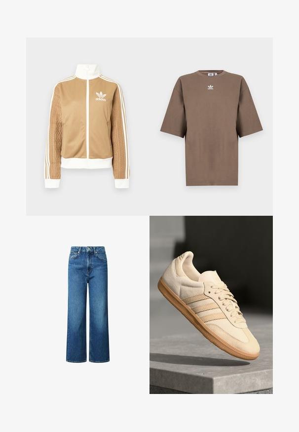 Ruda zip-up striukė su baltais akcentais ir trimis baltais dryžiais ant rankovių. Vienoje rankovėje yra tekstūruotas audinys. Adidas logotipas ant krūtinės.; Ruda medvilninė marškinėliai su trumpomis rankovėmis, apvaliu kaklu ir baltu Adidas logotipu, esančiu viduryje krūtinės, pasižymintys paprastu dizainu ir laisvu sijonu.; Plačios kojinės džinsai, pagaminti iš mėlynos denimo, su aukštu liemeniu, priekinėmis mygtukais ir siuvinėjimu. Jokios raštų ar puošmenų.; Šviesiai ruda veliūrinė sportinė avalynė su guminiais padais, trimis įstrižomis juostelėmis ir tekstūruotu pirštų apsauginiu. Ant liežuvio ir šono yra logotipas.