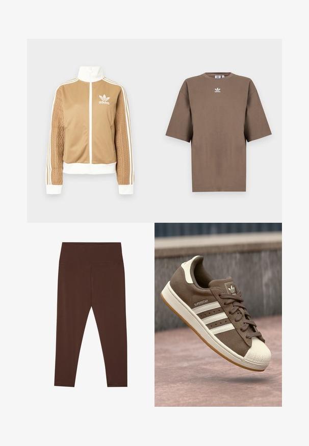 Brun zip-up jakke med hvite detaljer og tre hvite striper på ermene. Har et teksturert vevd design på den ene ermen. Adidas-logo på brystet.; Brun bomulls t-skjorte med korte ermer, rund hals og hvit Adidas-logo sentrert på brystet, med ensartet design og avslappet passform.; Brune, mid-rise leggings laget av elastisk stoff med en glatt tekstur. De har minimal søm og en tettsittende design.; Brune semsket sneakers med hvite striper, kremfargede detaljer og gummiskalltå. Har snøring og teksturert gummisåle.