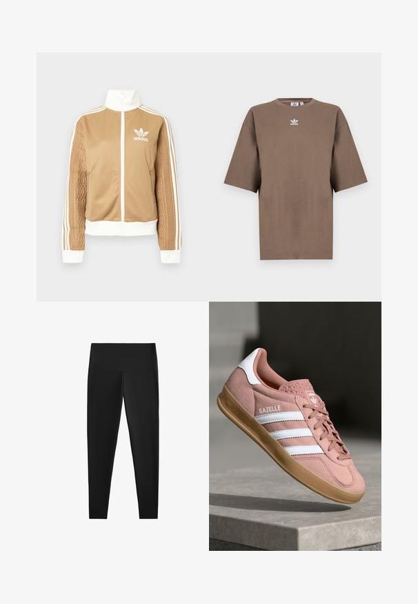 Barna, cipzáras dzseki fehér díszítésekkel és három fehér csíkkal a hajtókákon. Az egyik hajtókán texturált szövet mintázat található. Az Adidas logo a mellkason.; Barna pamut póló rövid ujjakkal, kerek nyakkal és fehér Adidas logóval a mellkason, egyszerű dizájnnal és laza szabással.; Fekete leggings magas derékkal, rugalmas anyagból készült. Simaság és testhezálló kialakítás a kényelmes viselet érdekében. Nincsenek látható minták vagy fém részek.; Rózsaszín velúr sportcipő fehér csíkokkal, gumitalppal, textúrált felsőrésszel és logóval a nyelvén. Klasszikus alacsony fazon.