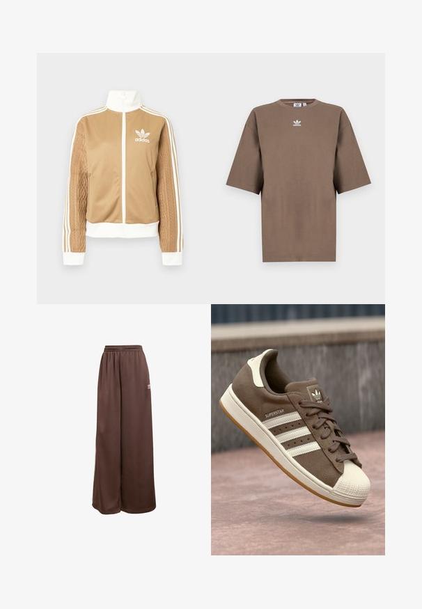 Brun zip-up jakke med hvite detaljer og tre hvite striper på ermene. Har et teksturert vevd design på den ene ermen. Adidas-logo på brystet.; Brun bomulls t-skjorte med korte ermer, rund hals og hvit Adidas-logo sentrert på brystet, med ensartet design og avslappet passform.; adidas Originals Joggebukse - auburn cream white; Brune semsket sneakers med hvite striper, kremfargede detaljer og gummiskalltå. Har snøring og teksturert gummisåle.