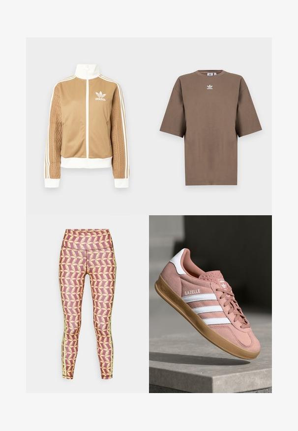 Brun zip-up jakke med hvite detaljer og tre hvite striper på ermene. Har et teksturert vevd design på den ene ermen. Adidas-logo på brystet.; Brun bomulls t-skjorte med korte ermer, rund hals og hvit Adidas-logo sentrert på brystet, med ensartet design og avslappet passform.; Leggings med et mønster av gule former på en mørkerød bakgrunn, med grønne sidestiper og høy midje.; Rosa semskesneaker med hvite striper, gummisåle, teksturert overdel og logo på tungen. Klassisk lavt design.