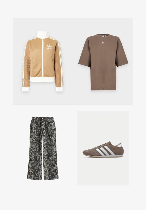 Giacca a zip tan con accenti bianchi e tre strisce bianche sulle maniche. Presenta un design tessuto testo su una manica. Logo Adidas sul petto.; T-shirt in cotone marrone con maniche corte, collo tondo e logo Adidas bianco centrato sul petto, caratterizzato da un design semplice e una vestibilità comoda.; Pantaloni a gamba larga con stampa leopardata realizzati in un tessuto morbido, dotati di vita alta, cinque tasche e chiusura con bottone metallico.; Scarpa sportiva in suede marrone con strisce bianche, punta tonda, design con lacci e suola in gomma. Parte superiore testurizzata con dettagli cuciti.