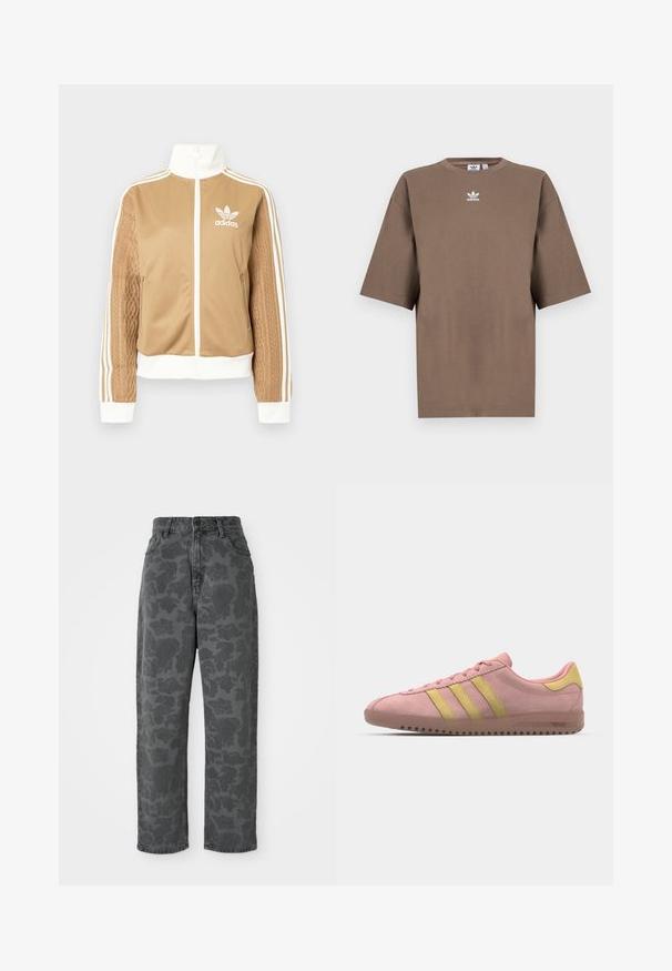 Giacca a zip tan con accenti bianchi e tre strisce bianche sulle maniche. Presenta un design tessuto testo su una manica. Logo Adidas sul petto.; T-shirt in cotone marrone con maniche corte, collo tondo e logo Adidas bianco centrato sul petto, caratterizzato da un design semplice e una vestibilità comoda.; Jeans in denim grigio con motivo floreale, vita alta, gamba diritta e design classico a cinque tasche. Tessuto resistente con una leggera texture.; Sneaker in suede rosa con tre strisce gialle, punta arrotondata e suola in gomma testurizzata. Design a profilo basso con collarino imbottito.