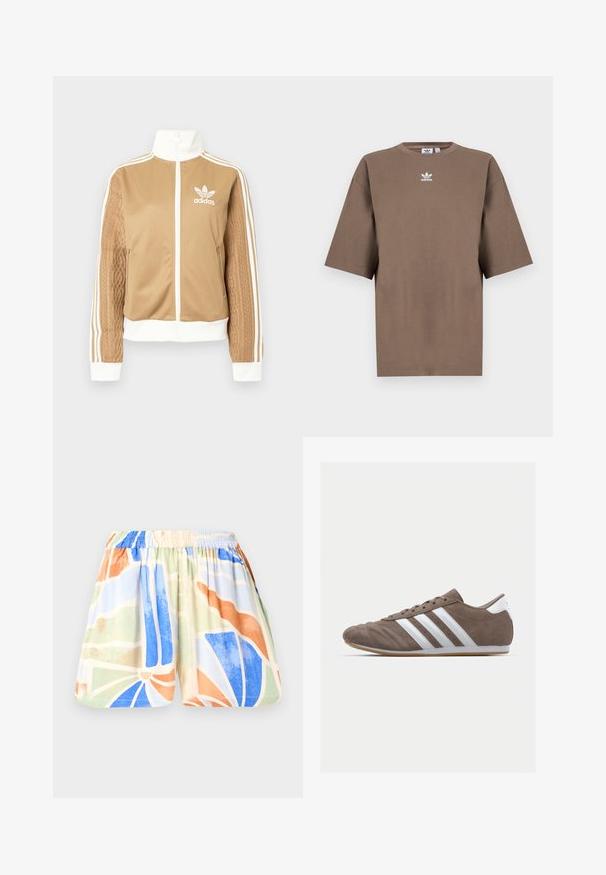 Tan zip-up jacket with white accents and three white stripes on sleeves. Features textured woven design on one sleeve. Adidas logo on chest.; Brown cotton t-shirt with short sleeves, round neck, and white Adidas logo centered at the chest, featuring a plain design and relaxed fit.; Shorts made of lightweight fabric with an elastic waistband. Features a multicolored geometric pattern in blue, orange, green, and beige.; Brown suede athletic shoe with white stripes, round toe, lace-up design, and gum rubber sole. Textured upper with stitching details.