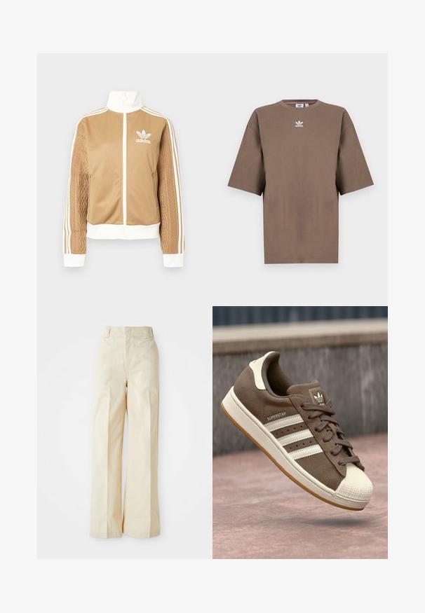 Tā tan krāsa zip-up jakas ar baltajiem akcentiem un trim baltām svītrām uz piedurknēm. Izceļas ar teksturētu aušanas dizainu uz vienas piedurknes. Adidas logo uz krūšu daļas.; Brūna kokvilnas T-krekls īsām piedurknēm, apaļa kakla izgriezums, ar baltu Adidas logo centrā krūtīs, ar vienkāršu dizainu un brīvu piegriezumu.; Bēgi plati bikses ar augstu jostasvietu, ar gludu audumu un rūpīgi presētām priekšējām krokām, uz vienkārša balta fona.; Brūni zamšādas sporta apavi ar baltām svītrām, krēmkrāsas akcentiem un gumijas purngalu. Piedāvā saistīšanas dizainu un teksturētu gumijas zoli.