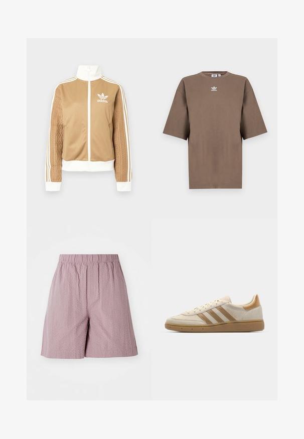 Veste zippée tan avec des accents blancs et trois rayures blanches sur les manches. Présente un design tissé texturé sur une manche. Logo Adidas sur la poitrine.; T-shirt en coton marron à manches courtes, col rond et logo Adidas blanc centré sur la poitrine, avec un design épuré et une coupe décontractée.; Shorts rose clair en tissu texturé avec taille élastique et coupe droite. Présente un motif subtil et un ourlet soigné.; Baskets en suède beige avec des accents marron clair. Présente trois rayures marron, une semelle en caoutchouc texturée et un design à bout rond.