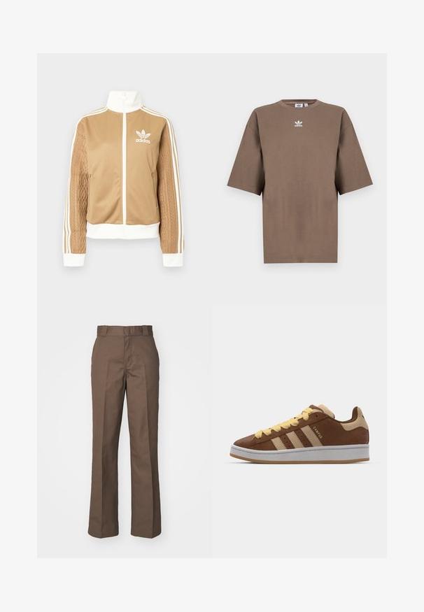 Veste zippée tan avec des accents blancs et trois rayures blanches sur les manches. Présente un design tissé texturé sur une manche. Logo Adidas sur la poitrine.; T-shirt en coton marron à manches courtes, col rond et logo Adidas blanc centré sur la poitrine, avec un design épuré et une coupe décontractée.; Pantalon en coton marron avec une coupe droite, doté d'un devant plat et de passants de ceinture. Texture lisse, sans motifs ni accents visibles.; adidas Originals CAMPUS 00S DOUBLE W - Baskets basses - preloved brown/sand strata/orange tint