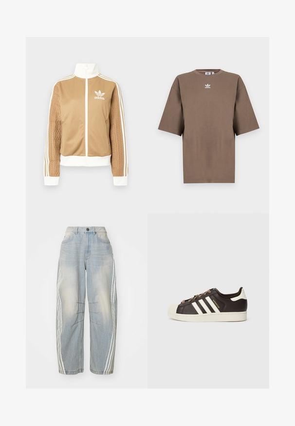 Tā tan krāsa zip-up jakas ar baltajiem akcentiem un trim baltām svītrām uz piedurknēm. Izceļas ar teksturētu aušanas dizainu uz vienas piedurknes. Adidas logo uz krūšu daļas.; Brūna kokvilnas T-krekls īsām piedurknēm, apaļa kakla izgriezums, ar baltu Adidas logo centrā krūtīs, ar vienkāršu dizainu un brīvu piegriezumu.; Gaiši zilā džinsu bikses ar brīvu piegriezumu, ar baltām svītrām gar malām, nolietojumiem un pogu aizdari jostasvietā.; Zema tipa Adidas Superstar sporta apavu tumši brūnā āda ar krēmkrāsas purngalu, baltām svītrām un uzrakstu „Superstar” sānos.