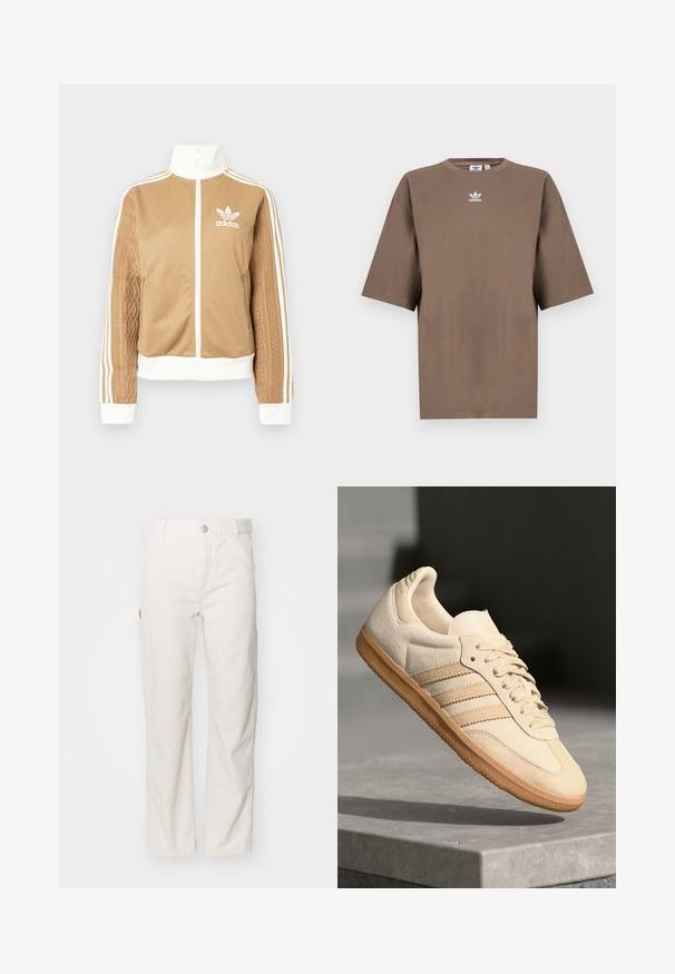 Chaqueta con cremallera en tono marrón y acentos en blanco, con tres rayas blancas en las mangas. Presenta un diseño texturizado tejido en una de las mangas. Logo de Adidas en el pecho.; Camiseta de algodón marrón con mangas cortas, cuello redondo y logo blanco de Adidas centrado en el pecho, con un diseño liso y un ajuste relajado.; Pantalones cargo de algodón blancos con un diseño de pierna recta, que cuentan con bolsillos laterales y un cierre de botón en la cintura. Textura suave.; Zapatillas de ante beige claro con suela de goma, tres rayas diagonales y una puntera texturizada. Presenta el logo en la lengüeta y en el lateral.