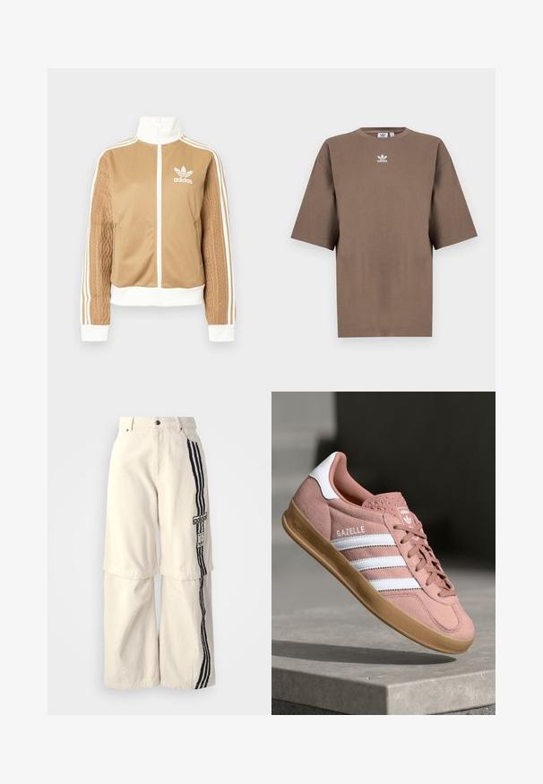 Tan zip-up jacka med vita accenter och tre vita ränder på ärmarna. Har en texturerad vävd design på en ärm. Adidas-logotyp på bröstet.; Brun bomull t-shirt med kort ärm, rund halsringning och vit Adidas-logotyp centrerad på bröstet, med en enkel design och avslappnad passform.; Beiga vida byxor i bomull med en svart tre-stripsdesign längs sidan och en Adidas-logotyp på låret.; Rosa mockasinsneaker med vita ränder, gummisulor, texturerad ovandel och logotyp på tungan. Klassisk låg modell.