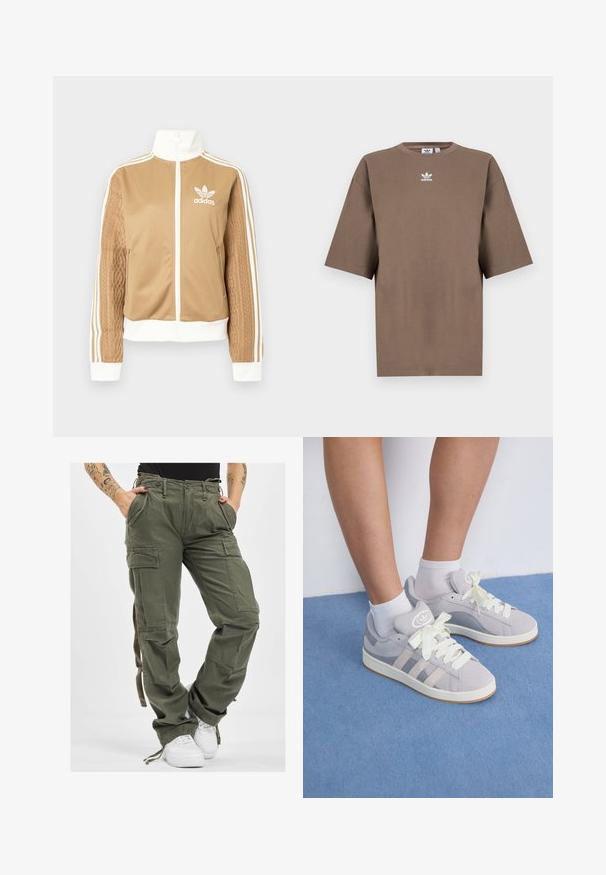 Hnědá zipová bunda s bílými akcenty a třemi bílými pruhy na rukávech. Obsahuje texturovaný tkaný design na jednom rukávu. Logo Adidas na hrudi.; Hnědé bavlněné tričko s krátkým rukávem, kulatým výstřihem a bílým logem Adidas umístěným uprostřed hrudi, s jednoduchým designem a uvolněným střihem.; Olivově zelené cargo kalhoty s mnoha kapsami, stahovacími šňůrkami v pase a volným střihem. Materiál má jemnou texturu a pevný, odolný vzhled.; Šedé semišové tenisky s bílými tkaničkami a gumovou podrážkou, s třemi šikmými pruhy po straně a logem na jazyku.
