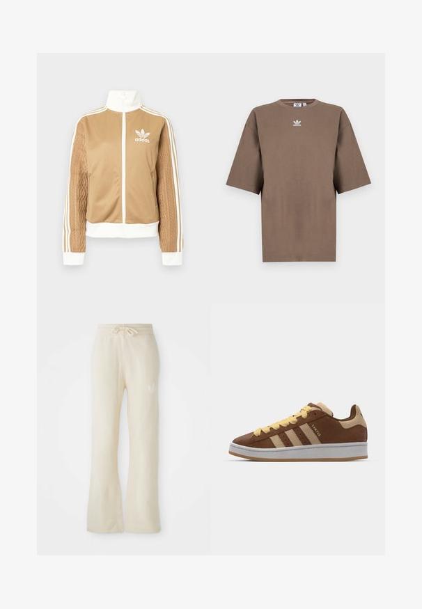 Tā tan krāsa zip-up jakas ar baltajiem akcentiem un trim baltām svītrām uz piedurknēm. Izceļas ar teksturētu aušanas dizainu uz vienas piedurknes. Adidas logo uz krūšu daļas.; Brūna kokvilnas T-krekls īsām piedurknēm, apaļa kakla izgriezums, ar baltu Adidas logo centrā krūtīs, ar vienkāršu dizainu un brīvu piegriezumu.; Krēmkrāsas sporta bikses ar mīkstu tekstūru, kas aprīkotas ar diegu jostasvietu un paplatinātām kājām. Uz kreisās gurnu puses ir smalka logotipa detaļa.; adidas Originals CAMPUS 00S DOUBLE W - Treniņu apavi - preloved brown/sand strata/orange tint