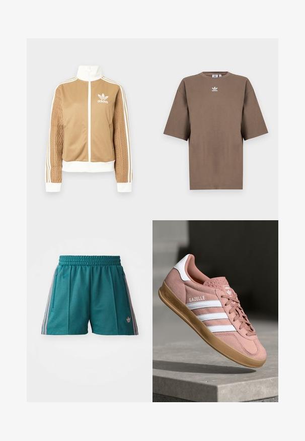 Brązowa kurtka zapinana na zamek błyskawiczny z białymi akcentami i trzema białymi paskami na rękawach. Posiada teksturowany wpleciony wzór na jednym z rękawów. Logo Adidas na klatce piersiowej.; Brązowa bawełniana koszulka z krótkim rękawem, okrągłym dekoltem i białym logo Adidas umiejscowionym na środku klatki piersiowej, charakteryzująca się prostym wzornictwem i luźnym krojem.; Jasnoniebieskie spodenki sportowe z elastycznym paskiem, z różowymi i białymi paskami po bokach oraz kieszeniami bocznymi na zamek. Logo na dolnej krawędzi.; Różowe zamszowe trampki z białymi paskami, gumową podeszwą, teksturowaną cholewką i logo na języku. Klasyczny niski krój.