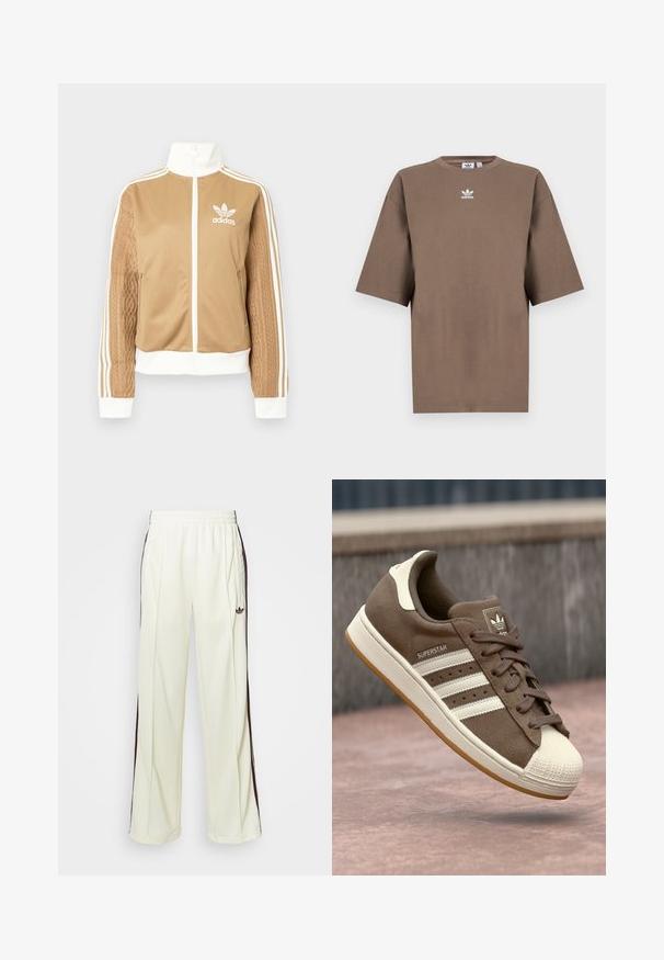 Ruda zip-up striukė su baltais akcentais ir trimis baltais dryžiais ant rankovių. Vienoje rankovėje yra tekstūruotas audinys. Adidas logotipas ant krūtinės.; Ruda medvilninė marškinėliai su trumpomis rankovėmis, apvaliu kaklu ir baltu Adidas logotipu, esančiu viduryje krūtinės, pasižymintys paprastu dizainu ir laisvu sijonu.; Kreminės spalvos laisvos kelnės, turinčios tamsiai rudas šonines juostas ir išsiuvinėtą logotipą kairiajame šlaunyje.; Rudi suede sportbačiai su baltais dryžiais, kreminėmis detalėmis ir guminiu pirštu. Sukurti palaidų raištelių dizaino ir tekstūruotais guminiais padais.