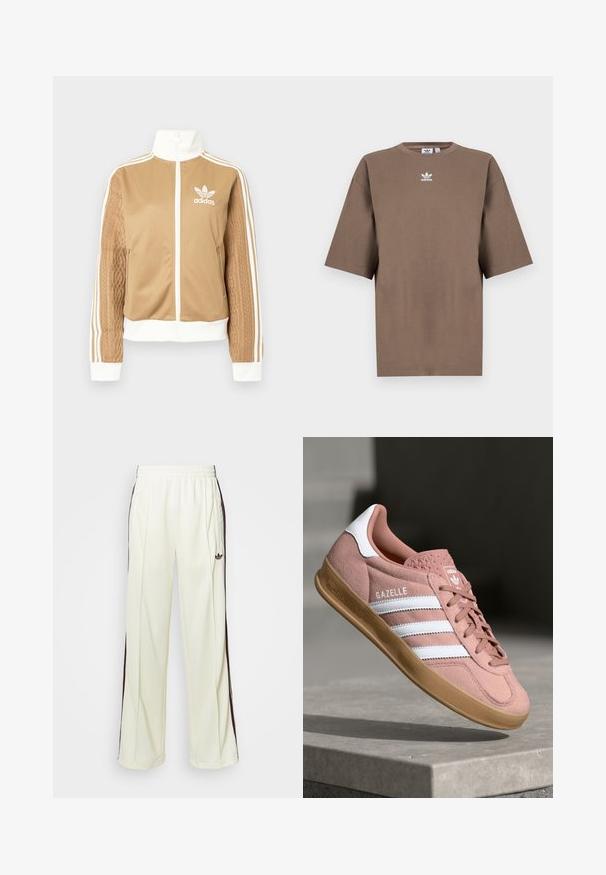 Ruda zip-up striukė su baltais akcentais ir trimis baltais dryžiais ant rankovių. Vienoje rankovėje yra tekstūruotas audinys. Adidas logotipas ant krūtinės.; Ruda medvilninė marškinėliai su trumpomis rankovėmis, apvaliu kaklu ir baltu Adidas logotipu, esančiu viduryje krūtinės, pasižymintys paprastu dizainu ir laisvu sijonu.; Kreminės spalvos laisvos kelnės, turinčios tamsiai rudas šonines juostas ir išsiuvinėtą logotipą kairiajame šlaunyje.; Rožiniai zomšiniai sportbačiai su baltais dryžiais, guminėmis apatine dalimi, tekstūruotu viršumi ir logotipu ant liežuvėlio. Klasikinis žemas dizainas.