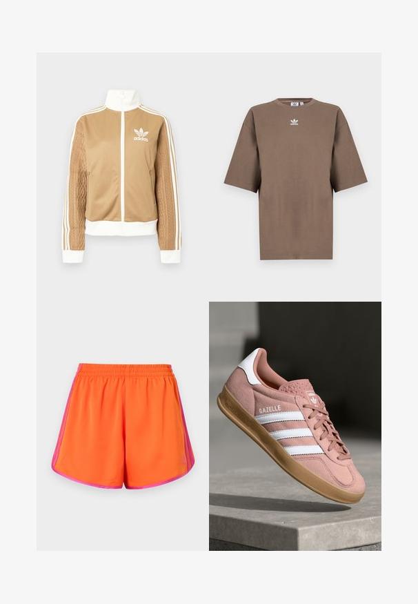 Tā tan krāsa zip-up jakas ar baltajiem akcentiem un trim baltām svītrām uz piedurknēm. Izceļas ar teksturētu aušanas dizainu uz vienas piedurknes. Adidas logo uz krūšu daļas.; Brūna kokvilnas T-krekls īsām piedurknēm, apaļa kakla izgriezums, ar baltu Adidas logo centrā krūtīs, ar vienkāršu dizainu un brīvu piegriezumu.; Spilgti oranži sporta šorti ar elastīgu jostasvietu, ar rozā sānu svītrām un gludu, vieglu auduma apdari.; Rozā zamša sporta apavi ar baltām svītrām, gumijas zole, teksturēts augšdaļas materiāls un logo uz mēles. Klasisks zema profila dizains.