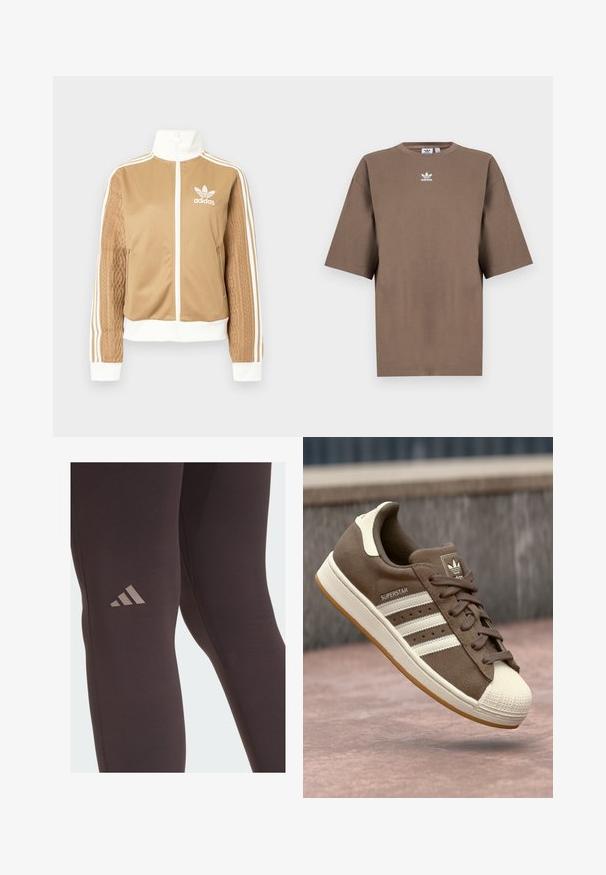 Tan-zip-Jacke mit weißen Akzenten und drei weißen Streifen an den Ärmeln. Besitzt ein strukturiertes Gewebedesign an einem Ärmel. Adidas-Logo auf der Brust.; Braunes Baumwoll-T-Shirt mit kurzen Ärmeln, Rundhals und weißem Adidas-Logo, das zentral auf der Brust platziert ist. Das Design ist schlicht und der Schnitt ist locker.; Schwarze Sport-Leggings mit einer glatten Textur, die ein dezentes braunes Adidas-Logo auf dem Oberschenkel und verstärkte Nähte aufweisen.; Braune Wildleder-Sneaker mit weißen Streifen, crèmefarbenen Akzenten und einer Gummischale an der Zehe. Verfügt über ein Schnürdesign und eine strukturierte Gummisohle.
