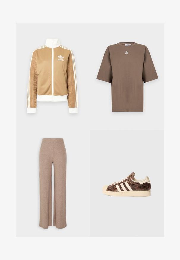 Veste zippée tan avec des accents blancs et trois rayures blanches sur les manches. Présente un design tissé texturé sur une manche. Logo Adidas sur la poitrine.; T-shirt en coton marron à manches courtes, col rond et logo Adidas blanc centré sur la poitrine, avec un design épuré et une coupe décontractée.; Pantalons larges en beige à côtes avec une taille haute et une texture douce, présentant une coupe loose et sans fermetures visibles.; Baskets imprimées serpent marron avec des rayures blanches et des accents crème. Présentent un orteil arrondi, une tige texturée et un intérieur doublé doux.