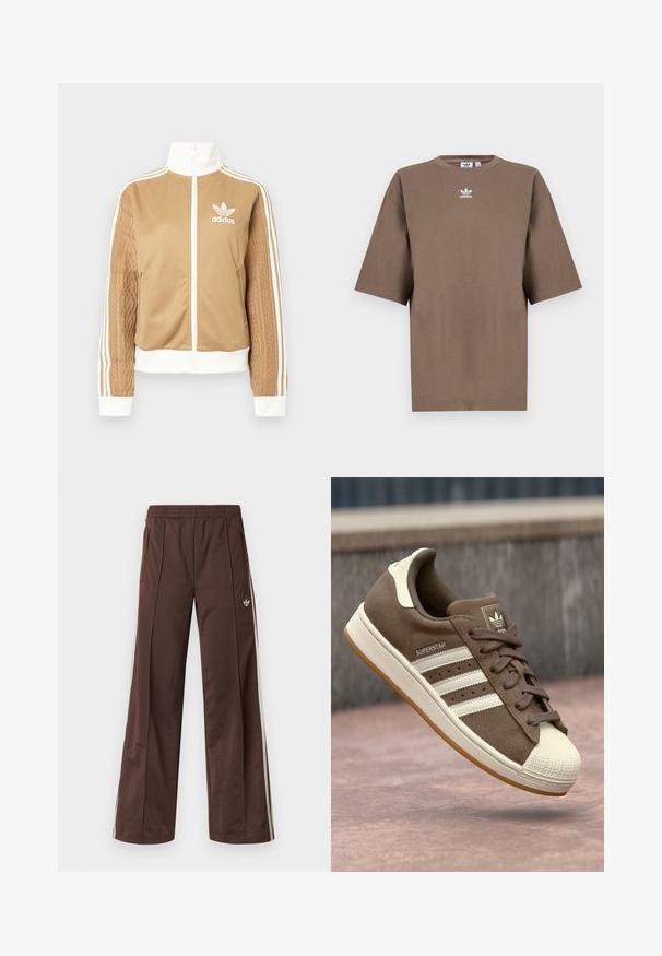 Tan zip-up takki, jossa on valkoisia yksityiskohtia ja kolme valkoista raitaa hihoissa. Yhdellä hihalla on texturoitu kudontasuunnittelu. Adidas-logo rinnassa.; Ruskea puuvillapaita lyhyillä hihoilla, pyöreällä kauluksella ja valkoisella Adidas-logolla, joka on keskitetty rintaan. Paidassa on yksinkertainen muotoilu ja rento istuvuus.; Ruskeat urheiluhousut leveillä lahkeilla, valkoisilla sivuraitoja, joustavalla vyötäröllä ja kahdella sivutaskulla. Lahkeessa pieni logo.; Ruskeat mokka-tennarit, joissa on valkoiset raidat, kermaiset yksityiskohdat ja kuminen kärki. Varustettu nauhaketjulla ja kuvioidulla kuminpohjalla.