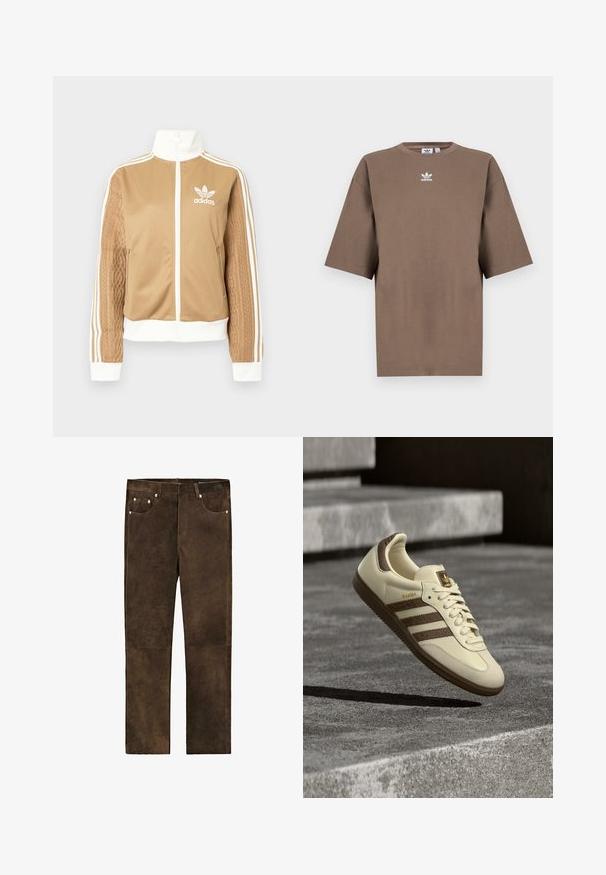 Tan zip-up jack met witte accenten en drie witte strepen op de mouwen. Heeft een gestructureerd geweven ontwerp op één mouw. Adidas-logo op de borst.; Bruine katoenen t-shirt met korte mouwen, ronde hals en wit Adidas-logo gecentreerd op de borst, met een eenvoudige uitstraling en een relaxte pasvorm.; Bruine suède broeken met een recht model, voorzien van vijf zakken en zilveren hardwareaccenten. Gestructureerd oppervlak met contrasterende stiksels.; Crèmekleurige sneaker met bruine accenten, getextureerde zijstrepen en een glad leren afwerking. Voorzien van een veterontwerp en een rubberen zool.