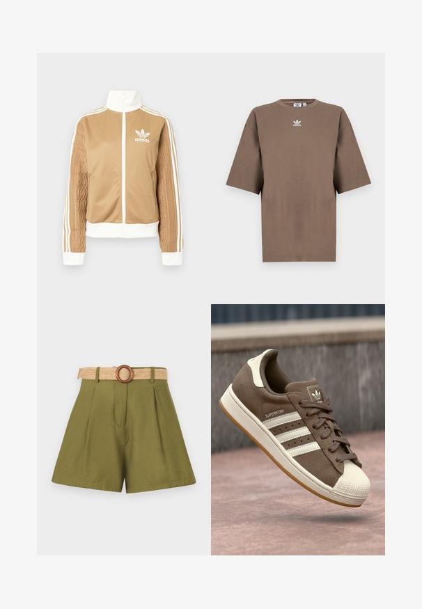 Giacca a zip tan con accenti bianchi e tre strisce bianche sulle maniche. Presenta un design tessuto testo su una manica. Logo Adidas sul petto.; T-shirt in cotone marrone con maniche corte, collo tondo e logo Adidas bianco centrato sul petto, caratterizzato da un design semplice e una vestibilità comoda.; Pantaloni corti verde oliva con pinces, dotati di una cintura intrecciata in paglia e fibbia in legno. Texture liscia, design sartoriale con linee pulite.; Sneaker in suede marrone con strisce bianche, accenti crema e punta in gomma. Presenta un design con lacci e una suola in gomma testurizzata.