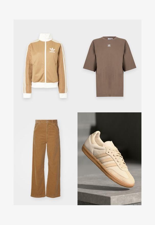 Hnedá mikina na zips s bielymi akcentmi a tromi bielymi pruhmi na rukávoch. Obsahuje textúrovaný tkaný vzor na jednom rukáve. Logo Adidas na hrudi.; Hnedé bavlnené tričko s krátkymi rukávmi, okrúhlym výstrihom a bielym logom Adidas umiestneným na hrudi, s jednoduchým dizajnom a voľným strihom.; Hnedé kordové široké nohavice s jemnou ryhovanou textúrou, s predným zapínaním na gombík a vreckami po stranách.; Svetlo béžová semišová teniska s gumovou podrážkou, tromi diagonálnymi pruhmi a textúrovaným špičkovým krytom. Obsahuje logo na jazyku a boku.