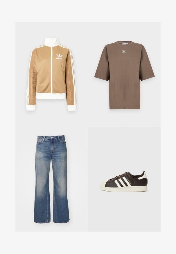 Kraevis sisekavaga jakki valgete aktsentidega ja kolme valge triibuga varrukatel. Ühel varrukal on tekstureeritud kootud muster. Adidas'i logo rinnal.; Pruun puuvillane T-särk lühikeste varrukatega, ümar kaelus ja valge Adidas'i logo keskpunktis rinnal, lihtne disain ja mugav lõige.; Heledad sinised teksad laia sääredisainiga, millel on pleekinud pesu, viis taskut ja nööpidega riidest sulgur. Üksikasjalik tikand õmblustel.; Madala Adidas Superstar toss tumepruunist nahast, kreemika kestkaare, valgete triipude ja küljele kantud "Superstar" tekstiga.