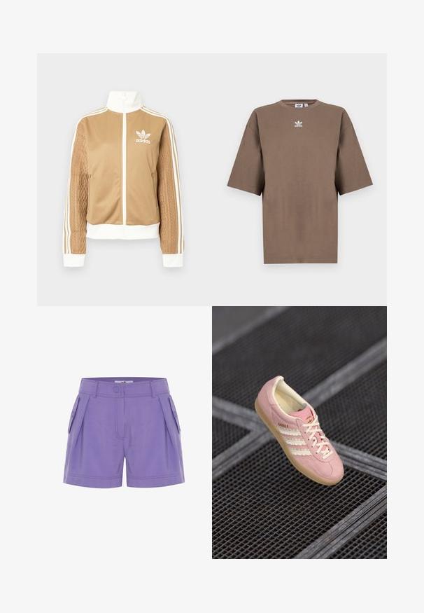 Tan zip-up jacka med vita accenter och tre vita ränder på ärmarna. Har en texturerad vävd design på en ärm. Adidas-logotyp på bröstet.; Brun bomull t-shirt med kort ärm, rund halsringning och vit Adidas-logotyp centrerad på bröstet, med en enkel design och avslappnad passform.; Lila skräddarsydda shorts med framveck, sidofickor och knappdetaljer. Slät textur och strömlinjeformat design.; Rosa mockasinsneaker med vit tre-stripsdesign, beige detaljer och gummisula. Har snörning och varumärke på sidan.