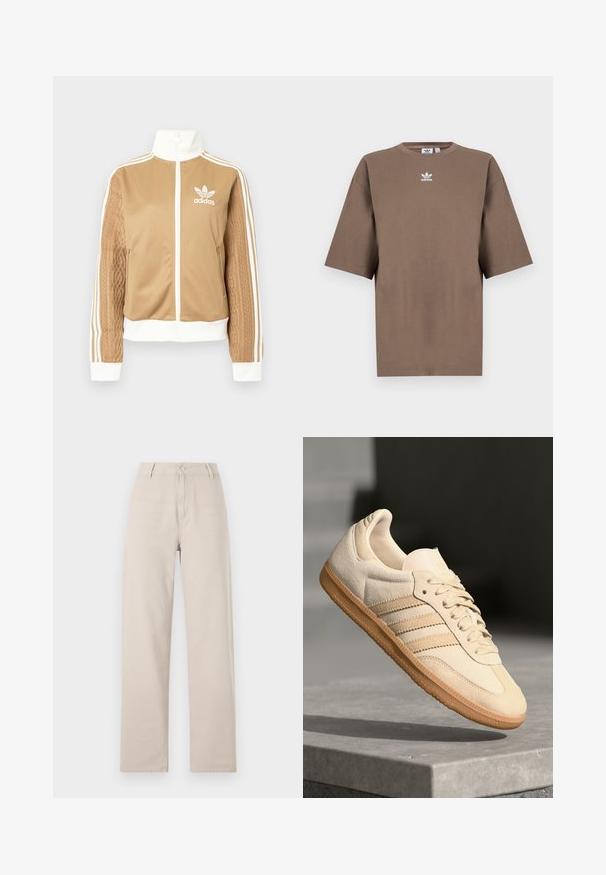 Jachetă zip-up de culoare bej cu accente albe și trei dungi albe pe mâneci. Prezintă un design țesut texturat pe o mânecă. Logo-ul Adidas pe piept.; Tricou din bumbac de culoare maronie, cu mâneci scurte, guler rotund și logo-ul alb Adidas centrat pe piept, având un design simplu și o croială relaxată.; Pantaloni largi bej, din bumbac, cu închidere frontală cu nasture, curea de ținere și o croială clasică cu linii curate.; Sneaker din suède bej deschis, cu talpă din cauciuc, trei dungi diagonale și o capacă texturată pentru degete. Prezintă logo pe limbă și pe lateral.