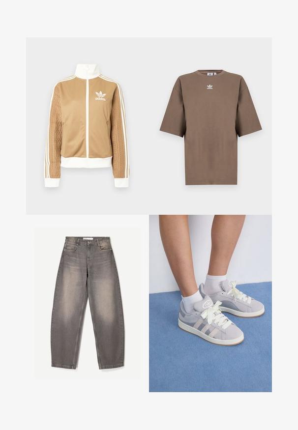 Tamni zip-up jakna s bijelim naglascima i tri bijele pruge na rukavima. Ima teksturirani tkaninski uzorak na jednom rukavu. Adidas logo na prsima.; Smeđa pamuk majica s kratkim rukavima, okruglim izrezom i bijelim Adidas logotipom centriranim na prsima, s jednostavnim dizajnom i opuštenim krojem.; Široke sivo traperice napravljene od denima, s blagim izbljeđenjem, pet džepova, petljicama za remen i kopčanjem na dugme u struku.; Sivi velur tenisice s bijelim vezicama i gumenim potplatom, sa tri dijagonalne pruge sa strane i oznakom na jeziku.