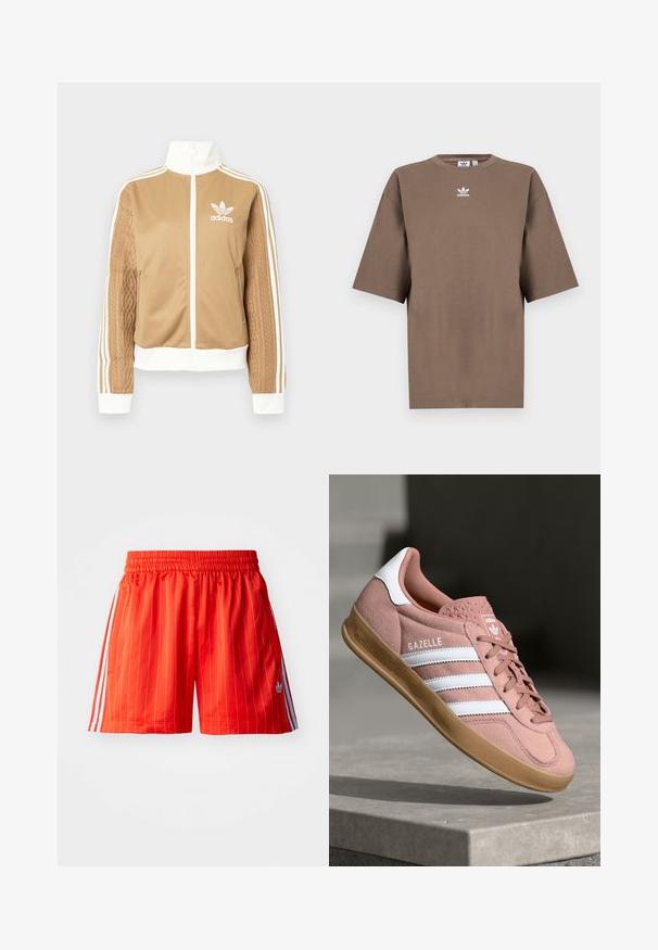 Casaco de fecho éclair em tom de bege com detalhes brancos e três riscas brancas nas mangas. Apresenta um design texturizado na trama de uma das mangas. Logotipo da Adidas no peito.; T-shirt de algodão castanho com mangas curtas, decote redondo e logo branco da Adidas centrado no peitoral, apresentando um design simples e um corte descontraído.; Calções atléticos vermelhos com riscas brancas verticais, cintura elástica e detalhes em azul claro nas laterais. Possui bolsos laterais.; Sapatilhas em camurça rosa com riscas brancas, sola de borracha, parte superior texturizada e logótipo na língua. Design clássico de cano baixo.