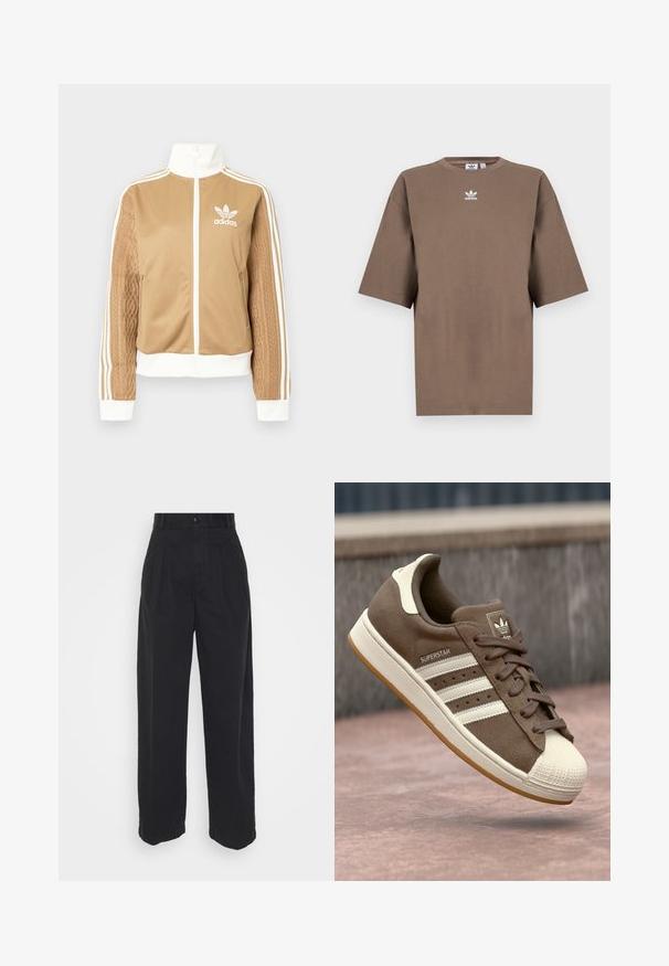 Casaco de fecho éclair em tom de bege com detalhes brancos e três riscas brancas nas mangas. Apresenta um design texturizado na trama de uma das mangas. Logotipo da Adidas no peito.; T-shirt de algodão castanho com mangas curtas, decote redondo e logo branco da Adidas centrado no peitoral, apresentando um design simples e um corte descontraído.; Calças largas pretas feitas de algodão com uma textura suave, apresentando um fecho frontal com botão e dois bolsos laterais.; Sapatilha de camurça castanha com riscas brancas, detalhes em creme e biqueira de borracha. Apresenta um design com atacadores e sola de borracha texturizada.