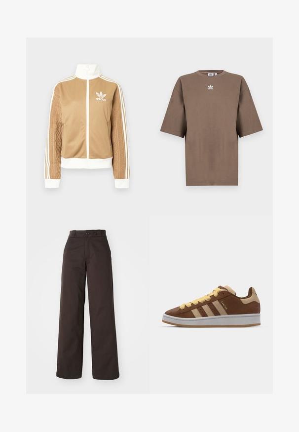 Kraevis sisekavaga jakki valgete aktsentidega ja kolme valge triibuga varrukatel. Ühel varrukal on tekstureeritud kootud muster. Adidas'i logo rinnal.; Pruun puuvillane T-särk lühikeste varrukatega, ümar kaelus ja valge Adidas'i logo keskpunktis rinnal, lihtne disain ja mugav lõige.; Pruunid laiad püksid nupuga kinnitamisel ja vööde jaoks silmadega, valmistatud vastupidavast kangast, millel on sile tekstuur ja selged jooned.; adidas Originals CAMPUS 00S DOUBLE W - Tossud - preloved brown/sand strata/orange tint