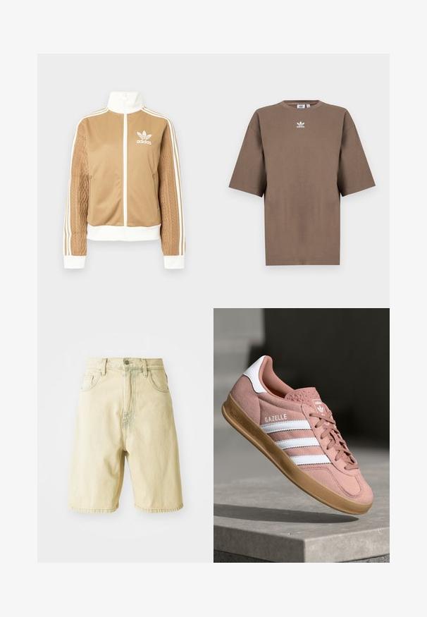 Kraevis sisekavaga jakki valgete aktsentidega ja kolme valge triibuga varrukatel. Ühel varrukal on tekstureeritud kootud muster. Adidas'i logo rinnal.; Pruun puuvillane T-särk lühikeste varrukatega, ümar kaelus ja valge Adidas'i logo keskpunktis rinnal, lihtne disain ja mugav lõige.; Heledad kollased teksapüksid kõrge vöökohtadega, millel on vööaasad, ees nupp ja küljetaskud. Sile tekstuur ja sirge lõige.; Roosa sametist toss, millel on valged triibud, kummist põhi, tekstuuriga pealis ja logo keelel. Klassikaline madal disain.