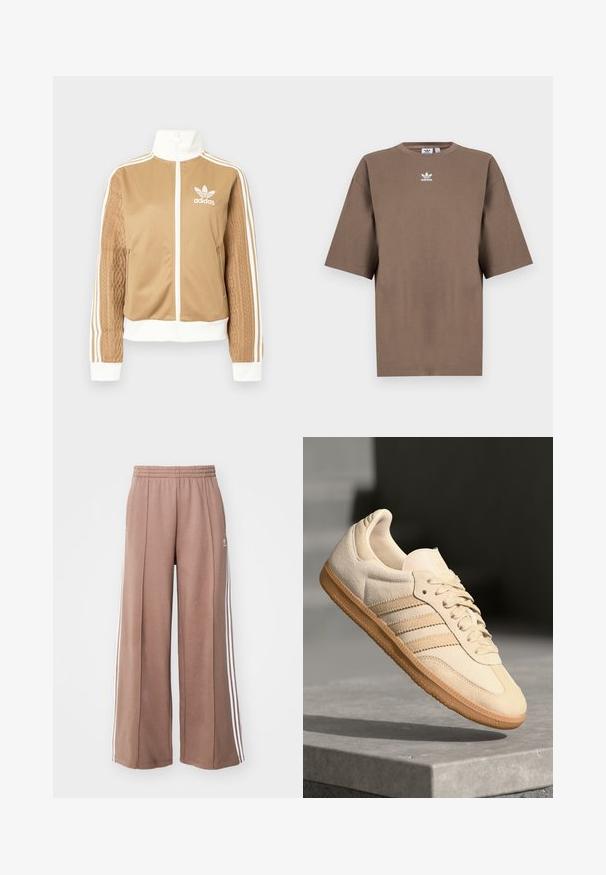 Kraevis sisekavaga jakki valgete aktsentidega ja kolme valge triibuga varrukatel. Ühel varrukal on tekstureeritud kootud muster. Adidas'i logo rinnal.; Pruun puuvillane T-särk lühikeste varrukatega, ümar kaelus ja valge Adidas'i logo keskpunktis rinnal, lihtne disain ja mugav lõige.; Pruunid laiad dressipükse pehmest kangast, valgete küljeribadega ja elastse vöökoha mugavuseks.; Hele beeži sueded spordijalatsid, millel on kummist välistald, kolm diagonaalset triipu ja tekstuuriga varvaste katus. Omab logo keelel ja külgedel.