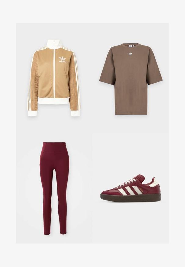 Casaco de fecho éclair em tom de bege com detalhes brancos e três riscas brancas nas mangas. Apresenta um design texturizado na trama de uma das mangas. Logotipo da Adidas no peito.; T-shirt de algodão castanho com mangas curtas, decote redondo e logo branco da Adidas centrado no peitoral, apresentando um design simples e um corte descontraído.; Leggings bordeau de cintura alta feitos de tecido elástico, apresentando uma textura suave e um detalhe de bolso lateral.; adidas Originals SAMBA XLG UNISEX - Sapatilhas - noble maroon/core white