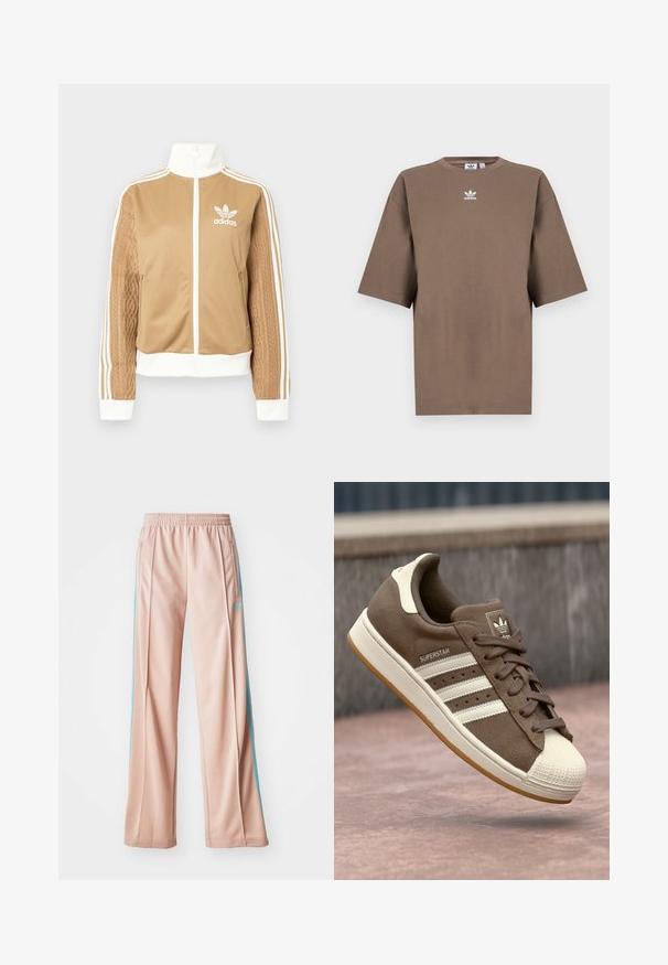 Casaco de fecho éclair em tom de bege com detalhes brancos e três riscas brancas nas mangas. Apresenta um design texturizado na trama de uma das mangas. Logotipo da Adidas no peito.; T-shirt de algodão castanho com mangas curtas, decote redondo e logo branco da Adidas centrado no peitoral, apresentando um design simples e um corte descontraído.; Calças desportivas rosa claro com um ajuste relaxado, apresentando riscas laterais azuis e um cós com cordão. Feitas de um tecido suave e leve.; Sapatilha de camurça castanha com riscas brancas, detalhes em creme e biqueira de borracha. Apresenta um design com atacadores e sola de borracha texturizada.