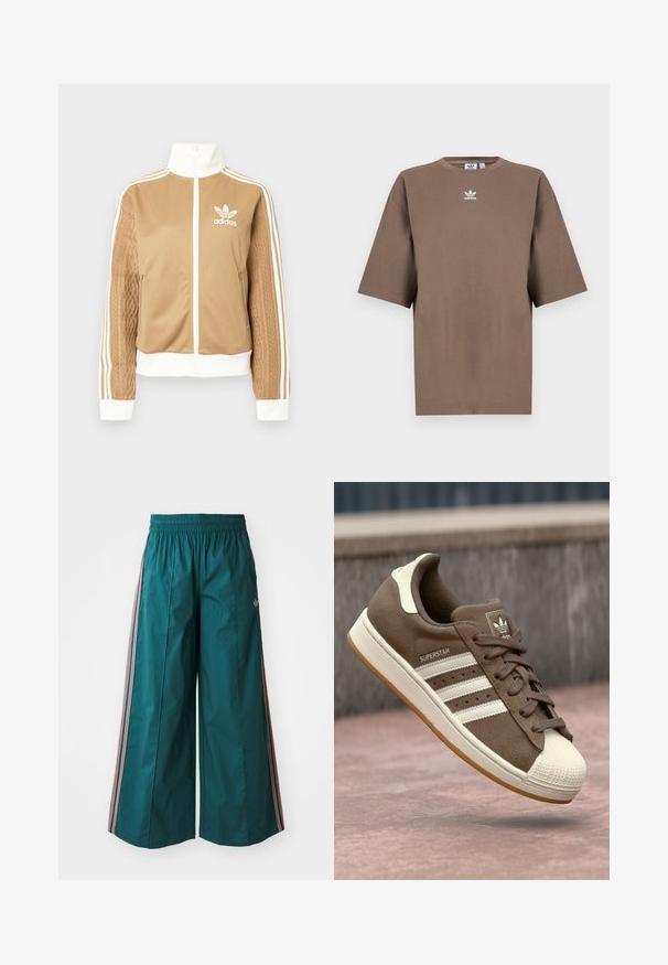 Casaco de fecho éclair em tom de bege com detalhes brancos e três riscas brancas nas mangas. Apresenta um design texturizado na trama de uma das mangas. Logotipo da Adidas no peito.; T-shirt de algodão castanho com mangas curtas, decote redondo e logo branco da Adidas centrado no peitoral, apresentando um design simples e um corte descontraído.; Calças largas em verde-água com uma cintura elástica, apresentando detalhes listrados em rosa e branco nas laterais, feitas de tecido leve.; Sapatilha de camurça castanha com riscas brancas, detalhes em creme e biqueira de borracha. Apresenta um design com atacadores e sola de borracha texturizada.