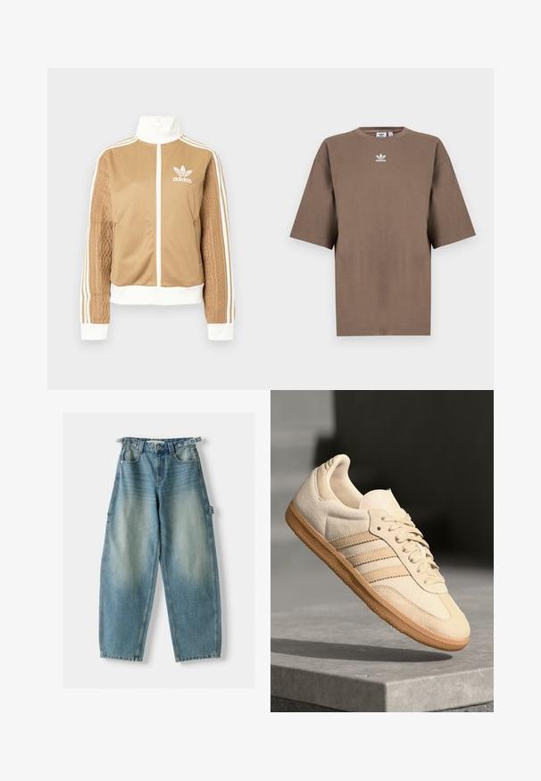Hnědá zipová bunda s bílými akcenty a třemi bílými pruhy na rukávech. Obsahuje texturovaný tkaný design na jednom rukávu. Logo Adidas na hrudi.; Hnědé bavlněné tričko s krátkým rukávem, kulatým výstřihem a bílým logem Adidas umístěným uprostřed hrudi, s jednoduchým designem a uvolněným střihem.; Džíny s vysokým pasem, světle modré, volného střihu. Mezi jejich vlastnosti patří knoflíkové zapínání, poutka na opasek a boční kapsy.; Světlé béžové semišové tenisky s gumovou podrážkou, třemi diagonálními pruhy a texturovanou špičkou. Na jazyku a boku se nachází logo.