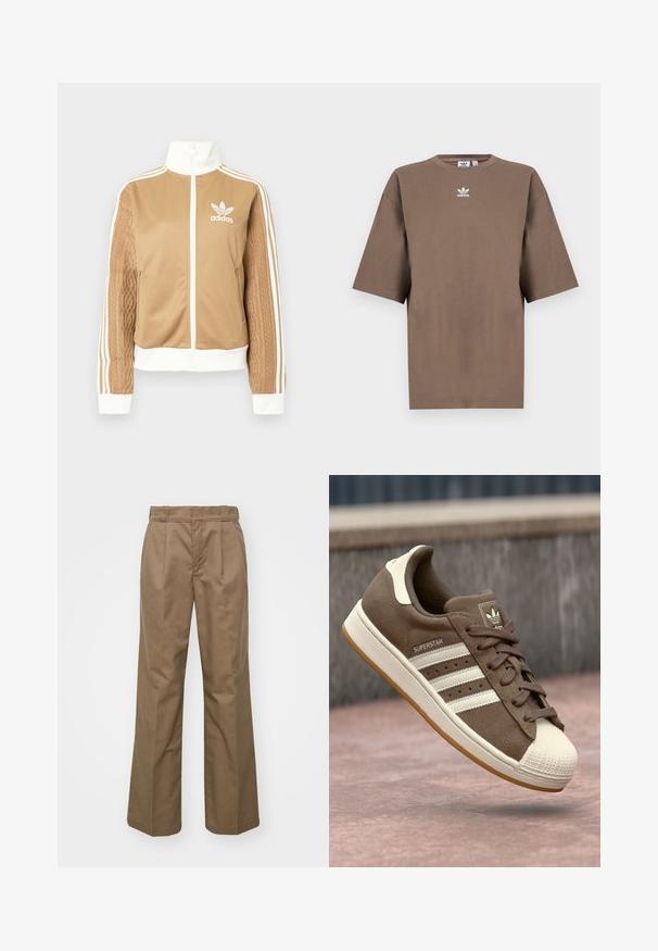 Tā tan krāsa zip-up jakas ar baltajiem akcentiem un trim baltām svītrām uz piedurknēm. Izceļas ar teksturētu aušanas dizainu uz vienas piedurknes. Adidas logo uz krūšu daļas.; Brūna kokvilnas T-krekls īsām piedurknēm, apaļa kakla izgriezums, ar baltu Adidas logo centrā krūtīs, ar vienkāršu dizainu un brīvu piegriezumu.; Brūnas, platas kāju bikses, izgatavotas no izturīga auduma. Iekļauj priekšējās krokas, vienmērīgu tekstūru un klasisku jostas dizainu.; Brūni zamšādas sporta apavi ar baltām svītrām, krēmkrāsas akcentiem un gumijas purngalu. Piedāvā saistīšanas dizainu un teksturētu gumijas zoli.