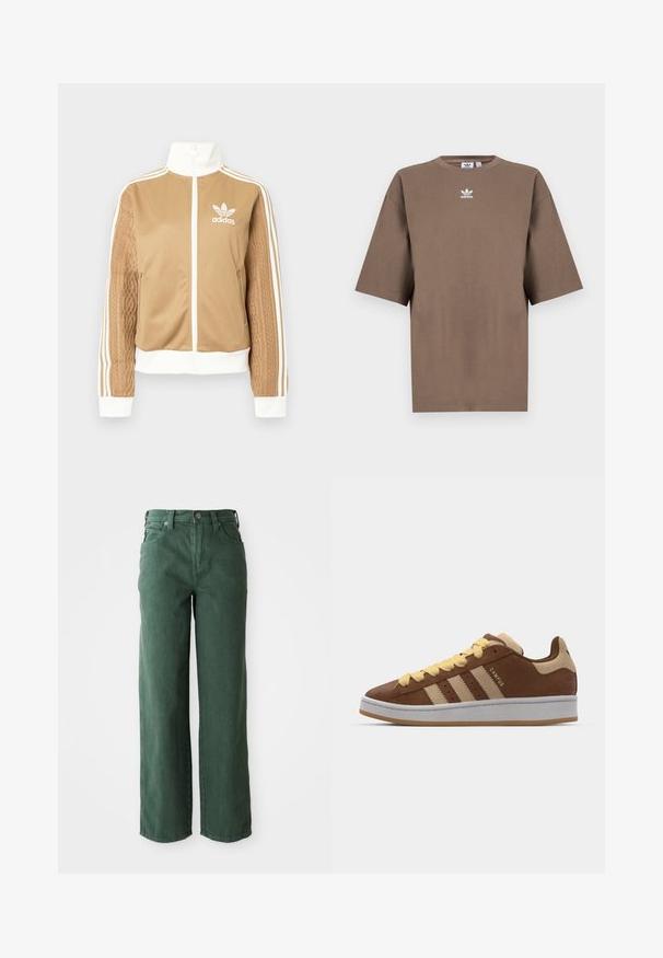 Jachetă zip-up de culoare bej cu accente albe și trei dungi albe pe mâneci. Prezintă un design țesut texturat pe o mânecă. Logo-ul Adidas pe piept.; Tricou din bumbac de culoare maronie, cu mâneci scurte, guler rotund și logo-ul alb Adidas centrat pe piept, având un design simplu și o croială relaxată.; Jeans verzi cu picioare evazate, realizate din denim. Prezintă talie înaltă, picioare drepte, buzunare frontale și închidere cu un nasture metalic.; adidas Originals CAMPUS 00S DOUBLE W - Sneakers low - preloved brown/sand strata/orange tint