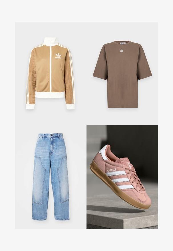 Chaqueta con cremallera en tono marrón y acentos en blanco, con tres rayas blancas en las mangas. Presenta un diseño texturizado tejido en una de las mangas. Logo de Adidas en el pecho.; Camiseta de algodón marrón con mangas cortas, cuello redondo y logo blanco de Adidas centrado en el pecho, con un diseño liso y un ajuste relajado.; Pantalones de mezclilla anchos de color azul claro con dos grandes bolsillos frontales, cierre de botón y un ligero desgaste. Detalles de costura en los bolsillos.; Zapatilla de ante rosa con rayas blancas, suela de goma, upper texturizado y logo en la lengua. Diseño clásico de corte bajo.