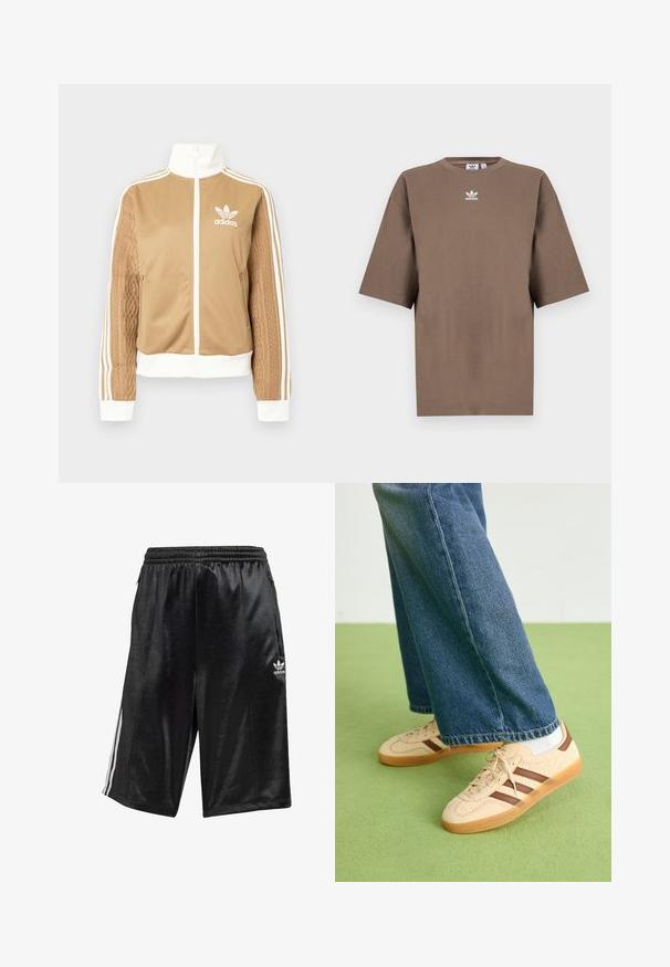 Zipper športna bunda v rjavi barvi z belimi dodatki in tremi belimi črtami na rokavih. Ima strukturiran tkaninski vzorec na enem rokavu. Adidasov logotip na prsih.; Brahna bomba majica s kratkimi rokavi, okroglo ovratnikom in belim Adidasovim logotipom v sredini prsnega dela, z enostavnim dizajnom in sproščenim krojem.; Črne atletske kratke hlače iz gladkega materiala, z vrvico v pasu, stranskimi žepi in tremi belimi črtami vzdolž strani.; Bež teniske z teksturiranimi kremnimi paneli in rjavimi črtami, v kombinaciji z modrimi kavbojkami. Kavbojke imajo široke hlačnice in raztrgan rob.