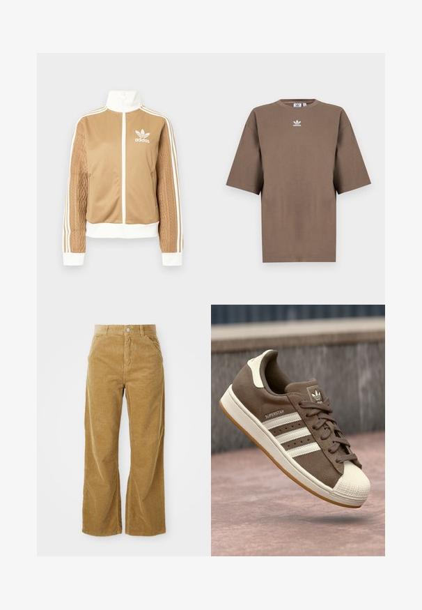 Veste zippée tan avec des accents blancs et trois rayures blanches sur les manches. Présente un design tissé texturé sur une manche. Logo Adidas sur la poitrine.; T-shirt en coton marron à manches courtes, col rond et logo Adidas blanc centré sur la poitrine, avec un design épuré et une coupe décontractée.; Pantalons large en velours côtelé marron clair, présentant un motif côtelé texturé, cinq poches et un bouton de fermeture à la taille.; Baskets en daim marron avec des rayures blanches, des accents crème et un embout en caoutchouc. Présente un design à lacets et une semelle en caoutchouc texturée.