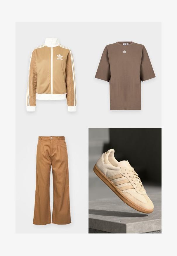 Chaqueta con cremallera en tono marrón y acentos en blanco, con tres rayas blancas en las mangas. Presenta un diseño texturizado tejido en una de las mangas. Logo de Adidas en el pecho.; Camiseta de algodón marrón con mangas cortas, cuello redondo y logo blanco de Adidas centrado en el pecho, con un diseño liso y un ajuste relajado.; Pantalones de pierna ancha color marrón claro con un tejido texturizado, que presentan pliegues frontales y un cierre con un solo botón en la cintura.; Zapatillas de ante beige claro con suela de goma, tres rayas diagonales y una puntera texturizada. Presenta el logo en la lengüeta y en el lateral.