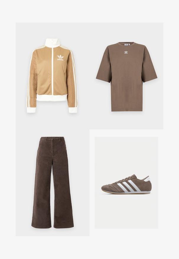 Brun zip-up jakke med hvite detaljer og tre hvite striper på ermene. Har et teksturert vevd design på den ene ermen. Adidas-logo på brystet.; Brun bomulls t-skjorte med korte ermer, rund hals og hvit Adidas-logo sentrert på brystet, med ensartet design og avslappet passform.; Kordfløyels vide bukser i mørkebrunt, med høy livvidde, frontlommer og en enkelt knappelukking. Teksturen er myk og ribbet.; Brune suedette sportsko med hvite striper, rund tå, snørebånddesign og såle av gummi. Teksturert overdel med sømdetaljer.