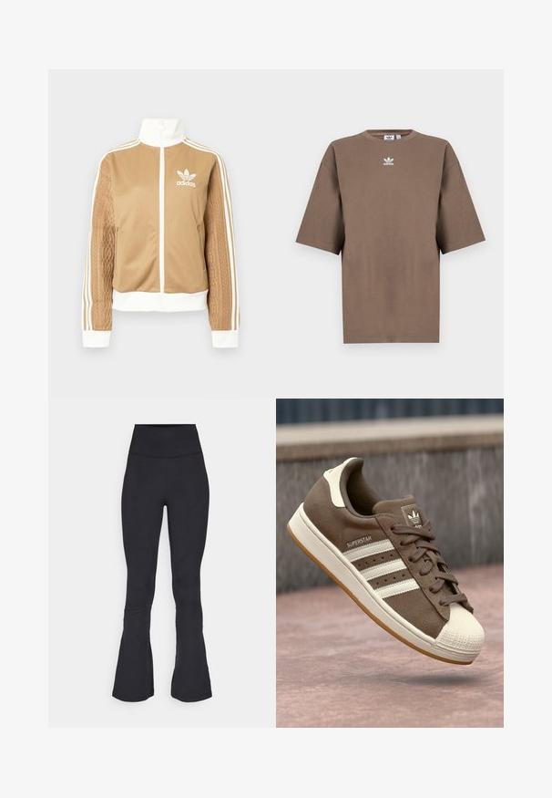 Brązowa kurtka zapinana na zamek błyskawiczny z białymi akcentami i trzema białymi paskami na rękawach. Posiada teksturowany wpleciony wzór na jednym z rękawów. Logo Adidas na klatce piersiowej.; Brązowa bawełniana koszulka z krótkim rękawem, okrągłym dekoltem i białym logo Adidas umiejscowionym na środku klatki piersiowej, charakteryzująca się prostym wzornictwem i luźnym krojem.; Czarne legginsy dzwonowe wykonane z elastycznego materiału, charakteryzujące się wysokim stanem, gładką fakturą oraz subtelnymi detalami szycia.; Brązowe zamszowe sneakersy z białymi paskami, kremowymi akcentami i gumowym noskiem. Posiadają sznurowany dół i teksturowaną gumową podeszwę.