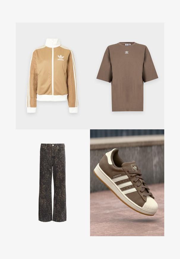 Tā tan krāsa zip-up jakas ar baltajiem akcentiem un trim baltām svītrām uz piedurknēm. Izceļas ar teksturētu aušanas dizainu uz vienas piedurknes. Adidas logo uz krūšu daļas.; Brūna kokvilnas T-krekls īsām piedurknēm, apaļa kakla izgriezums, ar baltu Adidas logo centrā krūtīs, ar vienkāršu dizainu un brīvu piegriezumu.; Melni plaša kāju džinsi ar leopardu rakstu, izgatavoti no denima, ar neapstrādātu maliņu un sudraba pogu aparatūru. Divas priekšējās kabatas.; Brūni zamšādas sporta apavi ar baltām svītrām, krēmkrāsas akcentiem un gumijas purngalu. Piedāvā saistīšanas dizainu un teksturētu gumijas zoli.