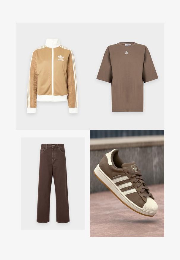 Tan zip-up jacket with white accents and three white stripes on sleeves. Features textured woven design on one sleeve. Adidas logo on chest.; Brown cotton t-shirt with short sleeves, round neck, and white Adidas logo centered at the chest, featuring a plain design and relaxed fit.; Brown wide-leg denim pants with contrasting stitching, five pockets, and a metal button closure. Smooth texture, straight cut.; Brown suede sneaker with white stripes, cream accents, and a rubber shell toe. Features lace-up design and textured gum sole.